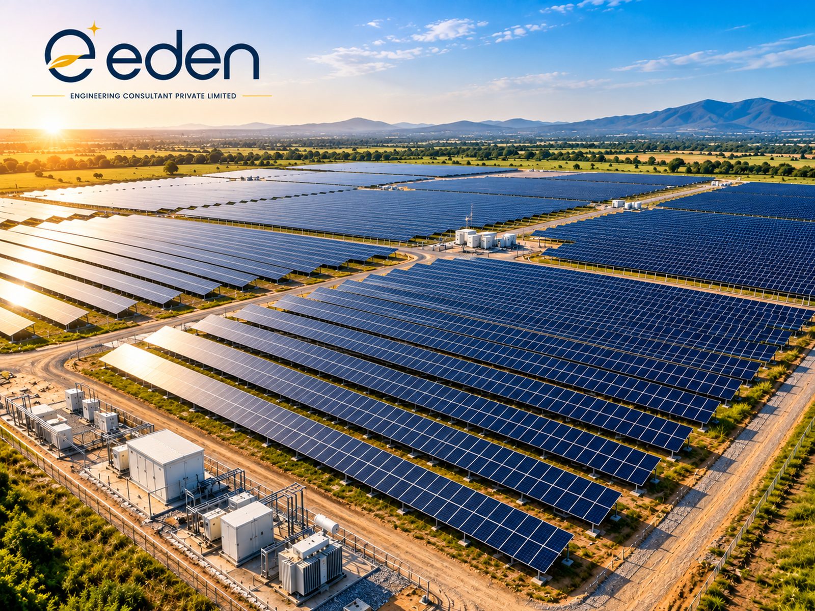 Aerial view of a utility-scale ground-mount solar plant at golden hour
