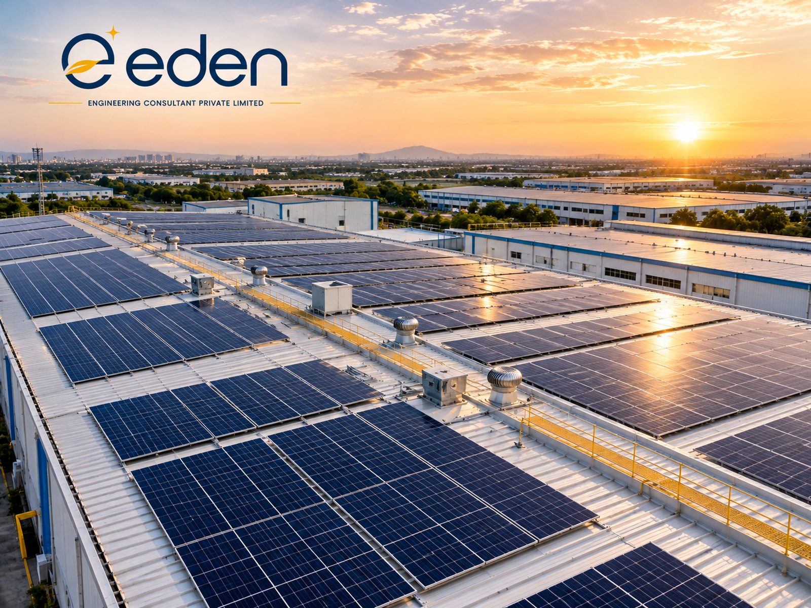 Industrial rooftop solar array on a metal-sheet roof at sunset