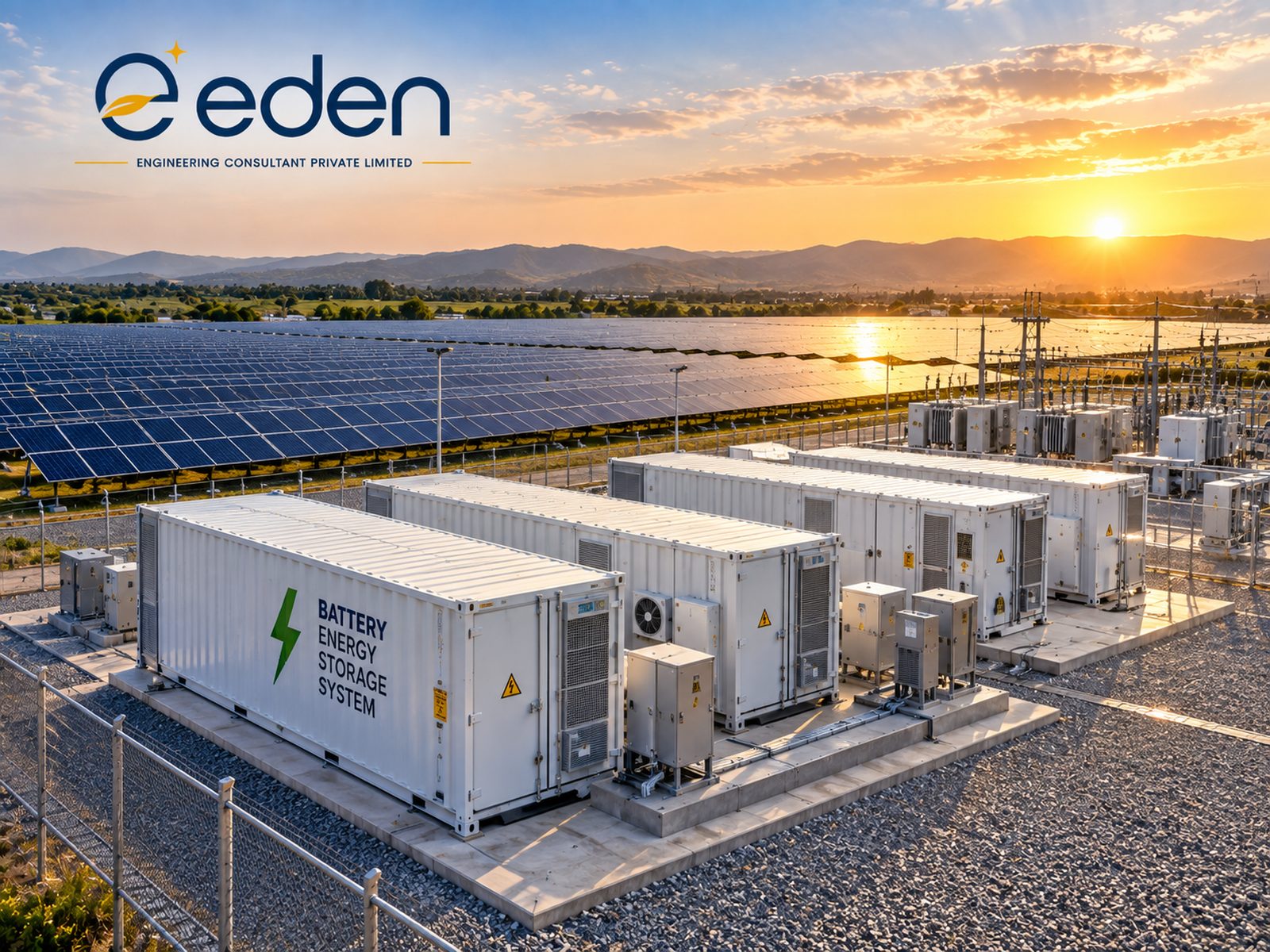 Containerised battery energy storage system beside a solar plant and substation
