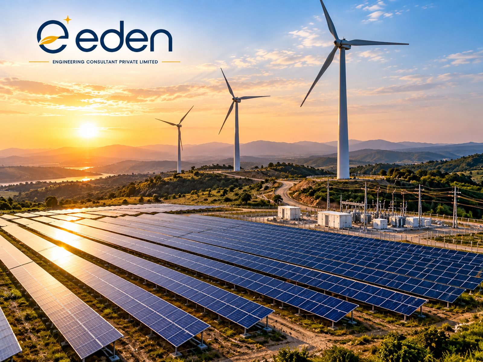Wind turbines on a ridge with a solar block and substation at a wind-solar hybrid plant
