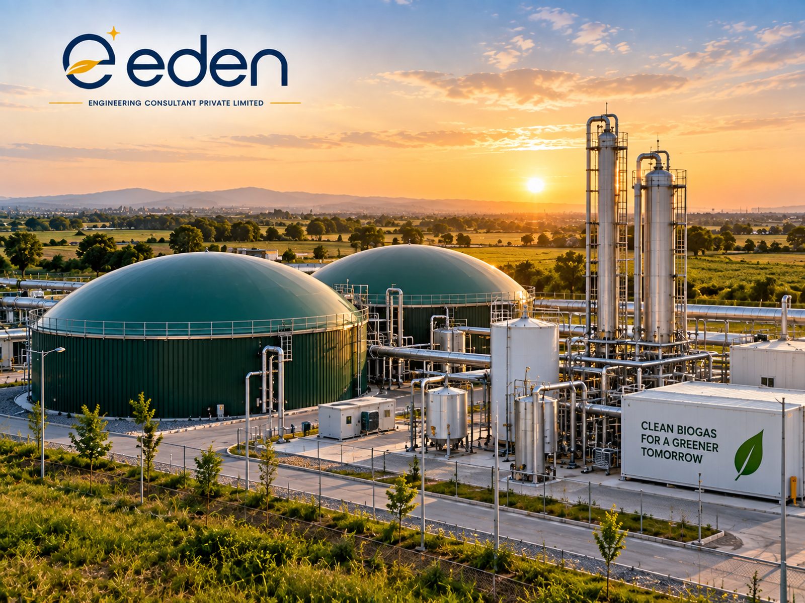 Biogas plant with dome digesters and a gas upgrading unit at sunset
