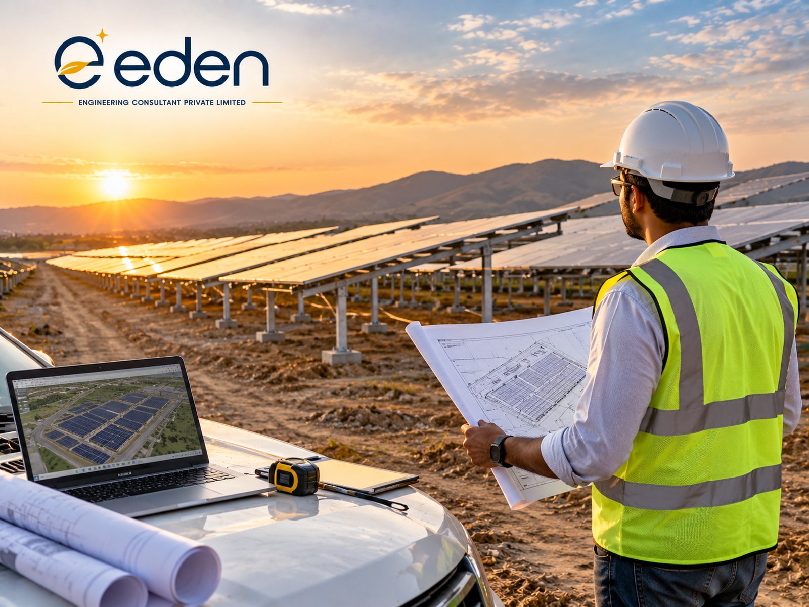 Site engineer reviewing drawings beside mounting structures on a ground-mount solar site