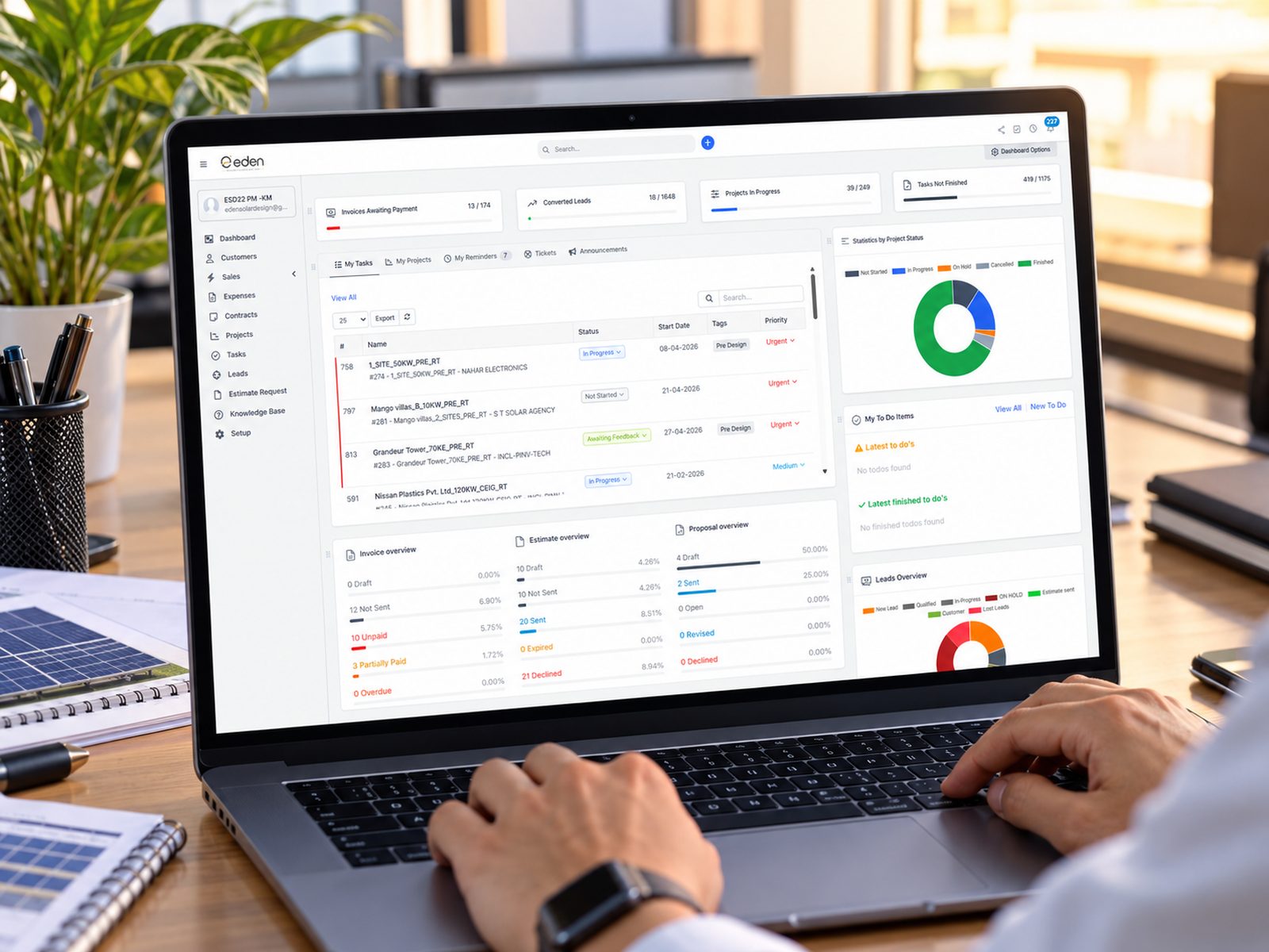 Eden client portal dashboard showing projects, tasks and invoices