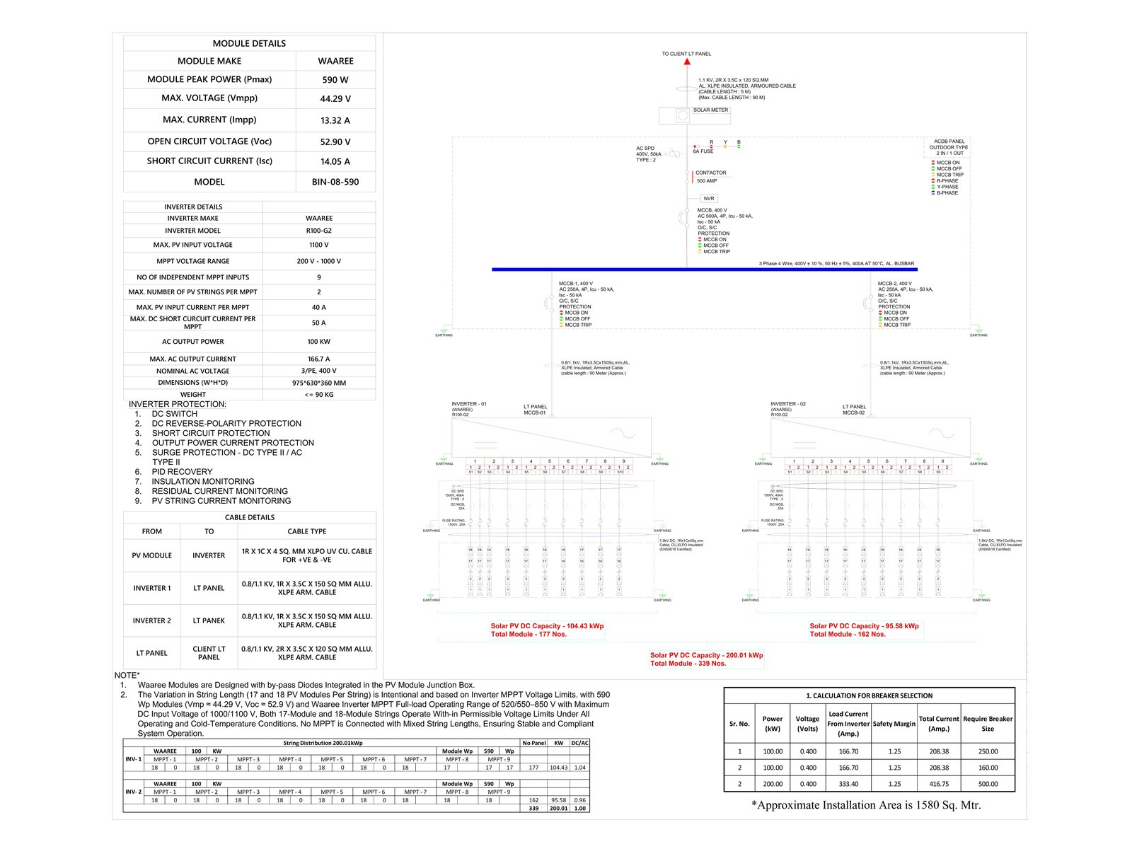 Electrical single line diagram for a 200 kWp rooftop solar system