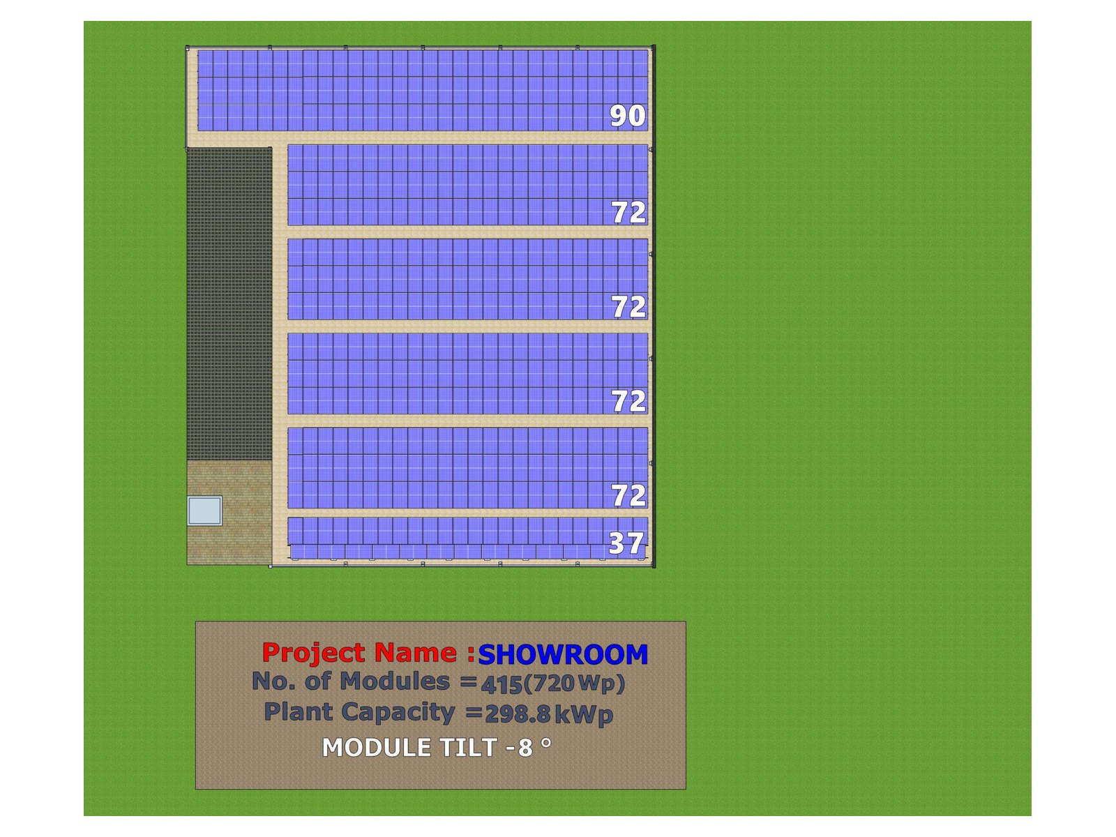 Commercial flat-roof solar layout, 298.8 kWp showroom, module rows and tilt