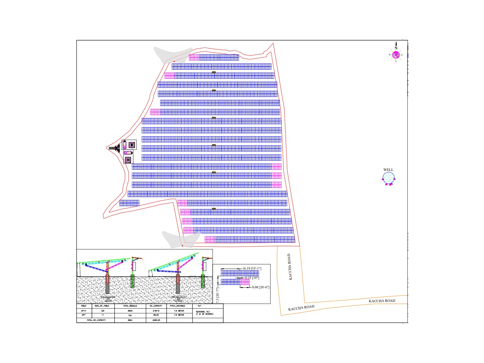 Ground-mount solar layout with table arrangement, pitch and seasonal tilt