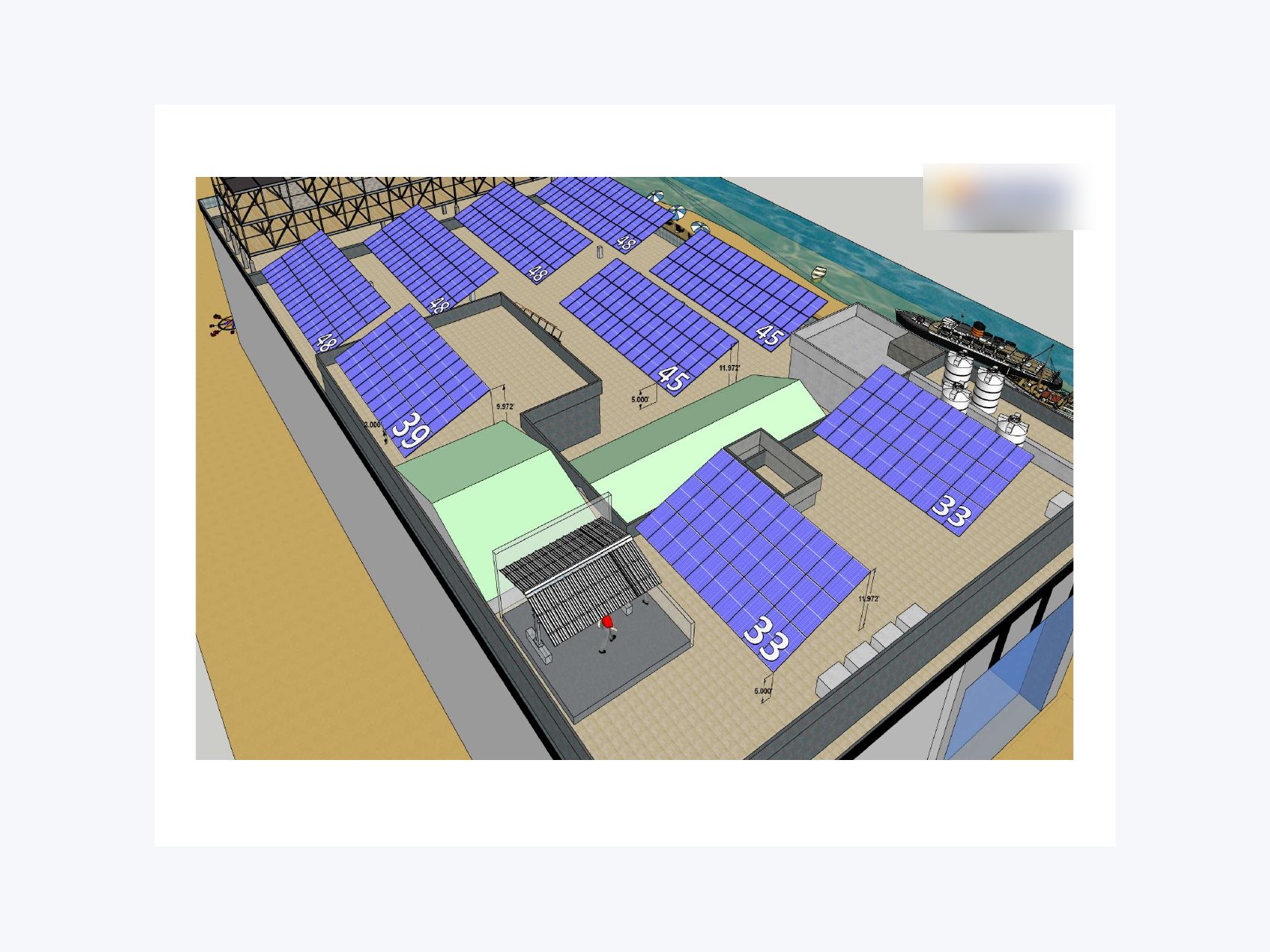 3D pre-design render of a rooftop solar array with shadow analysis