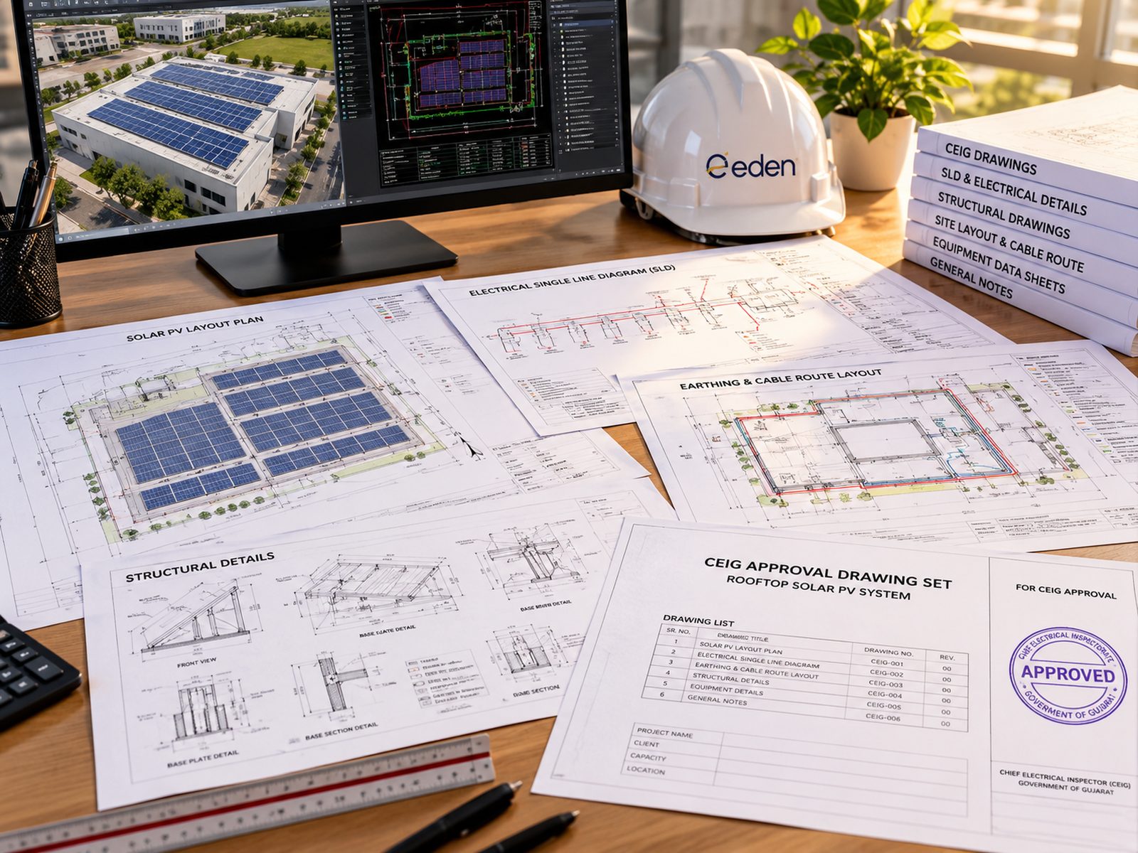 CEIG approval drawing set for a rooftop solar system: SLD, earthing layout and structural details