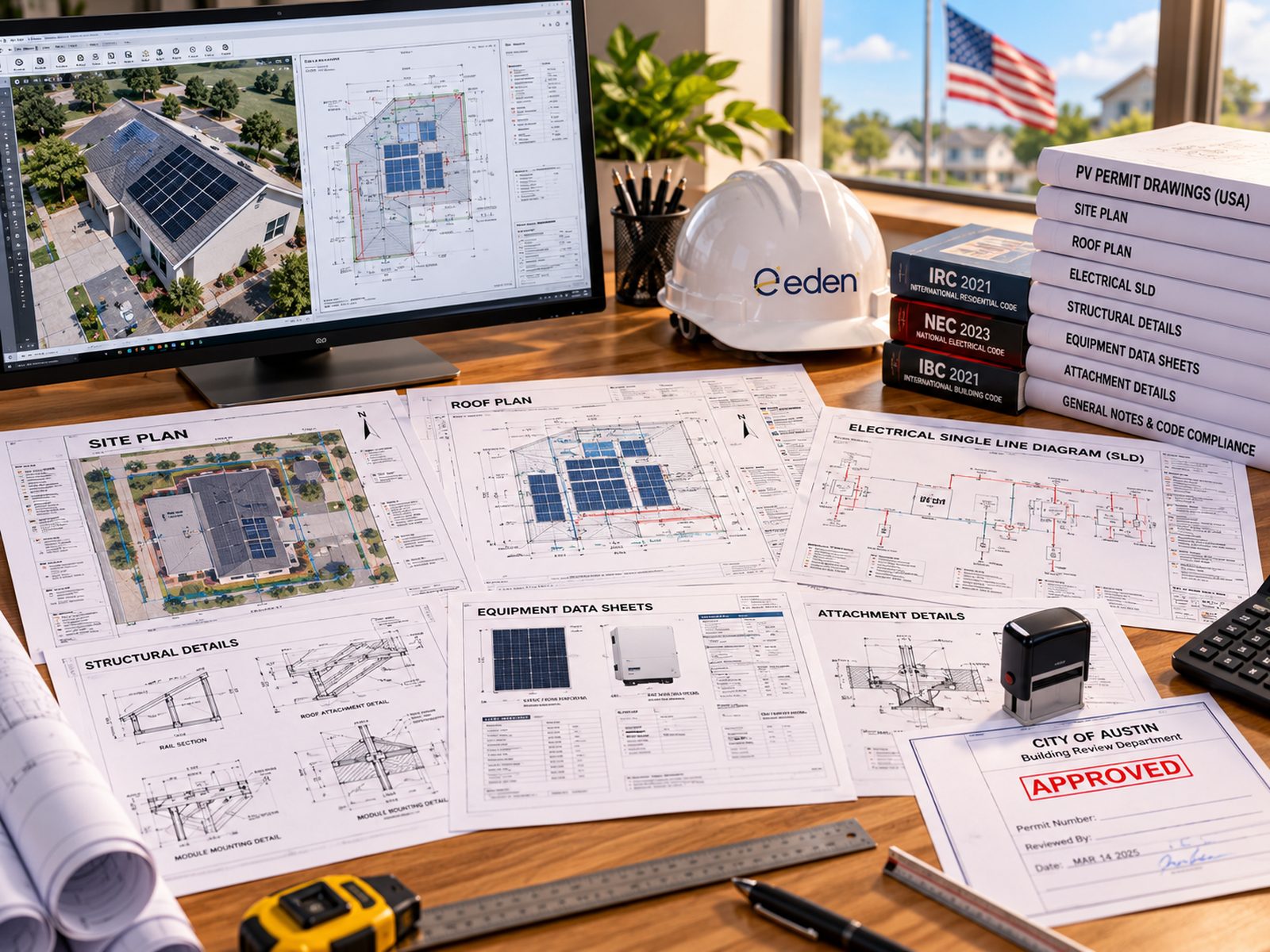 US solar permit plan set: site plan, roof plan, single line diagram and attachment details