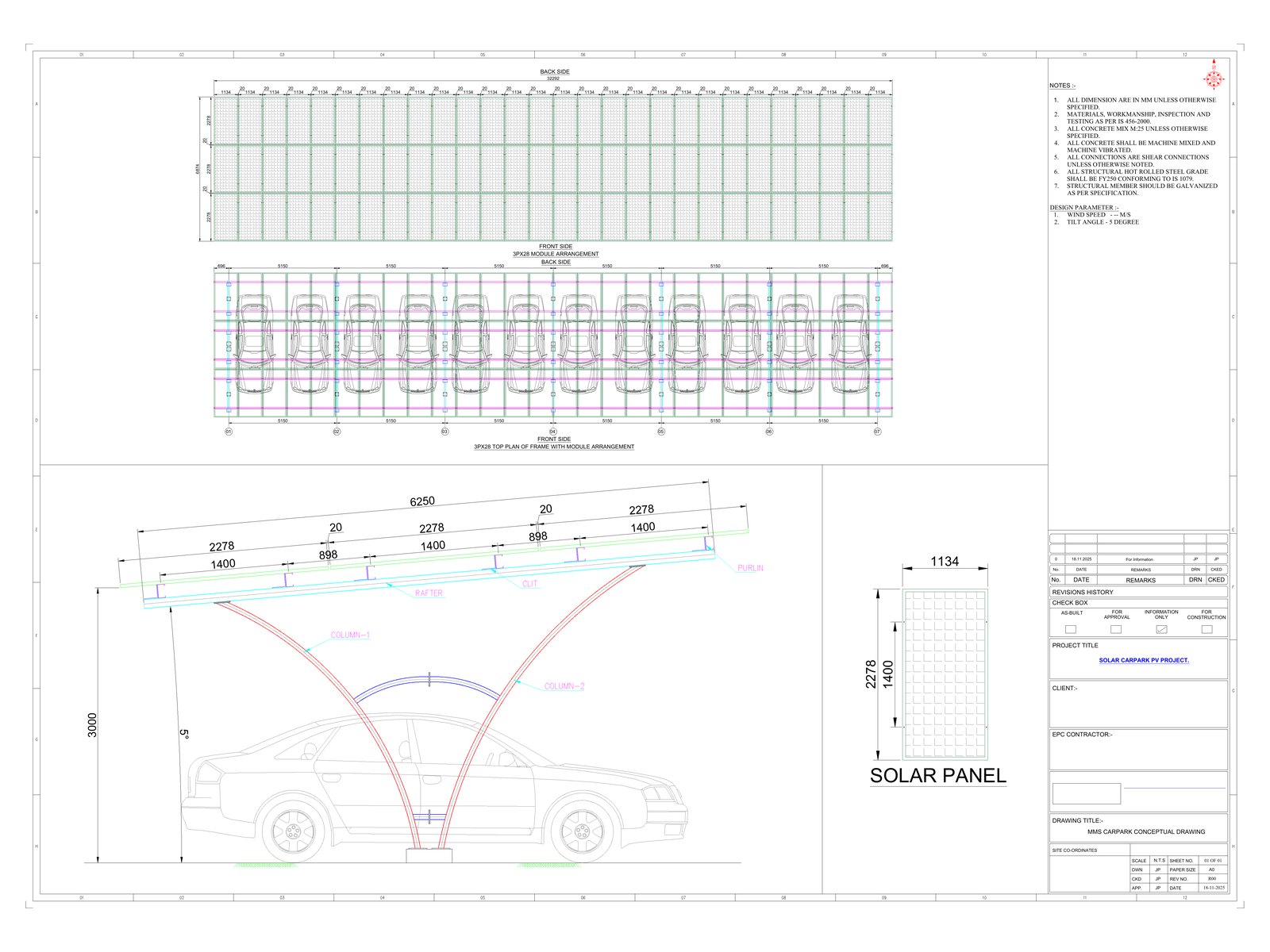 Structural drawing sheet for a solar carport mounting structure