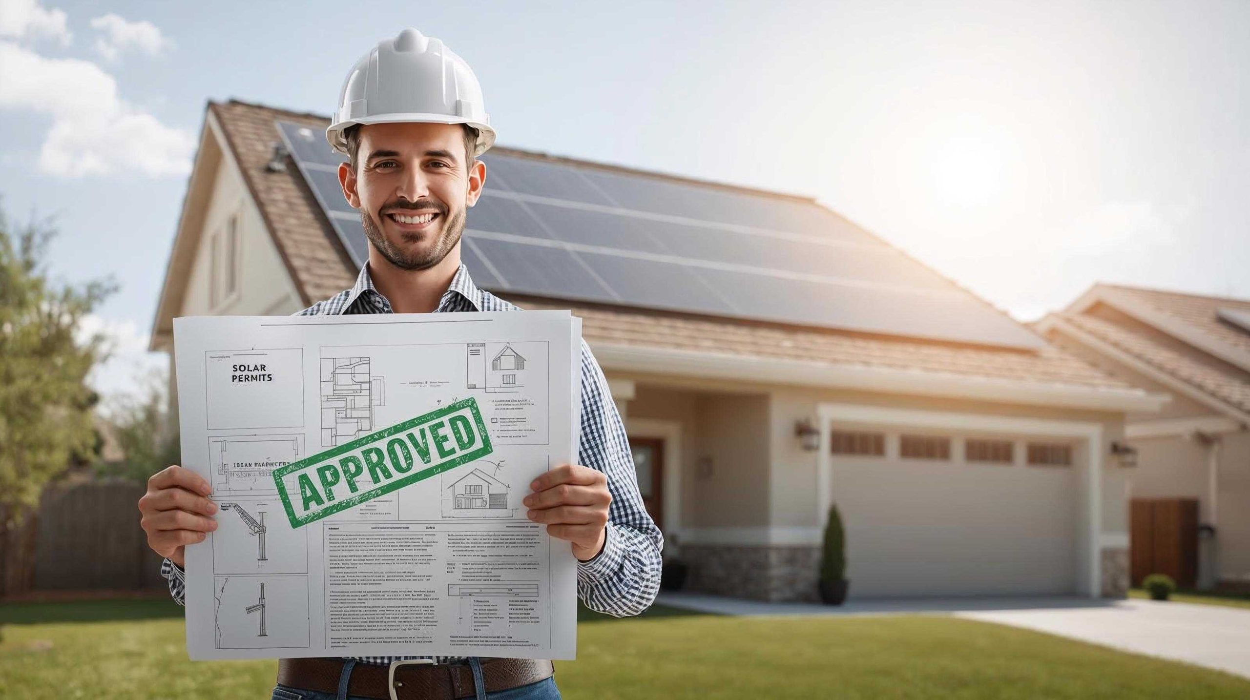 “Engineer holding approved solar permit plan for U.S. rooftop solar project”