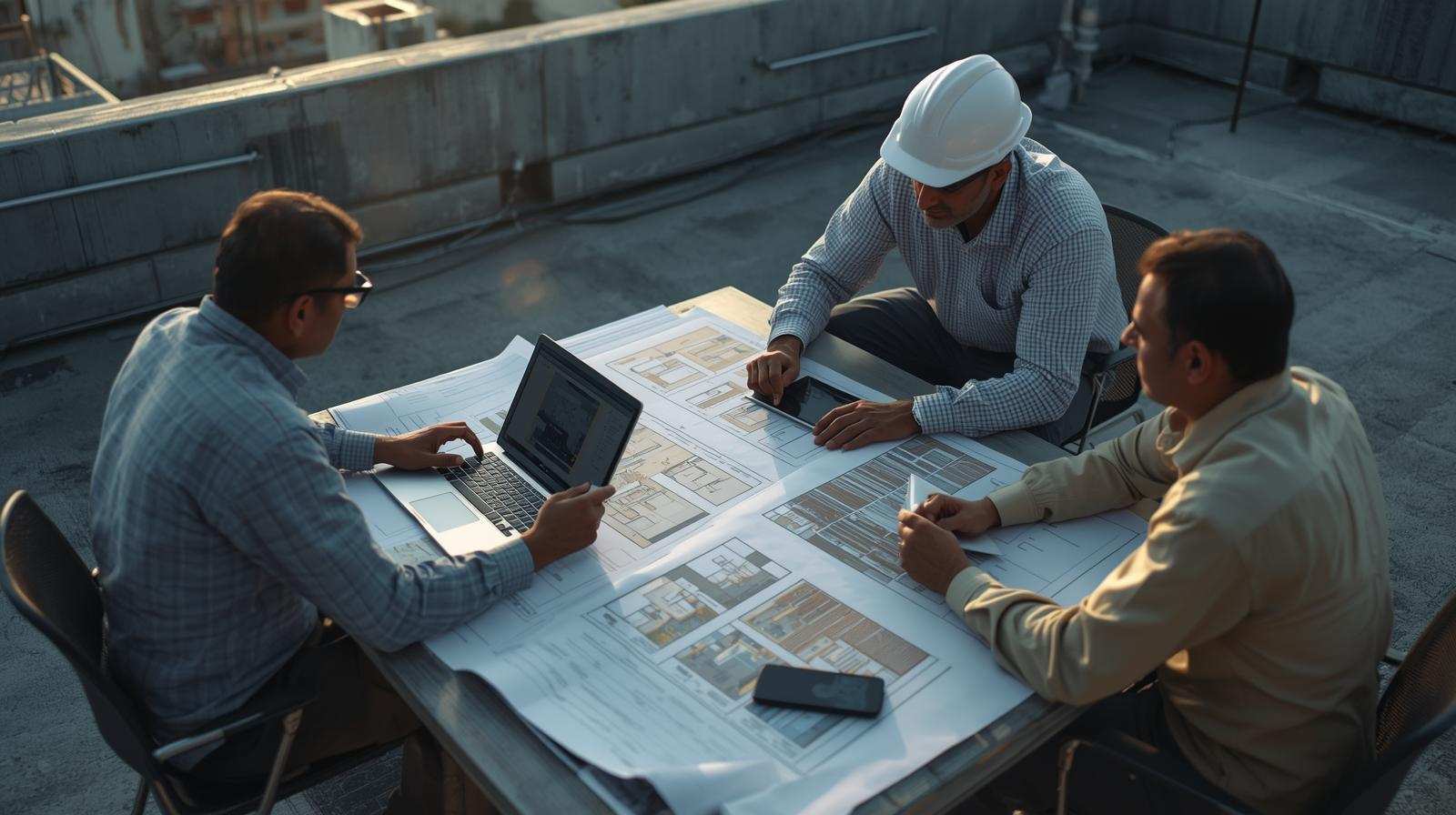 Indian solar designers reviewing residential rooftop solar design and shading analysis