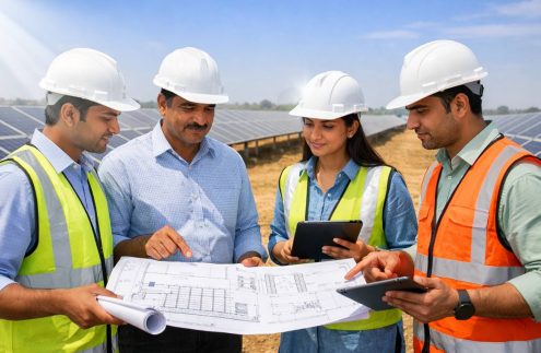 Indian solar EPC engineers reviewing ground-mount solar project designs at site in 2025