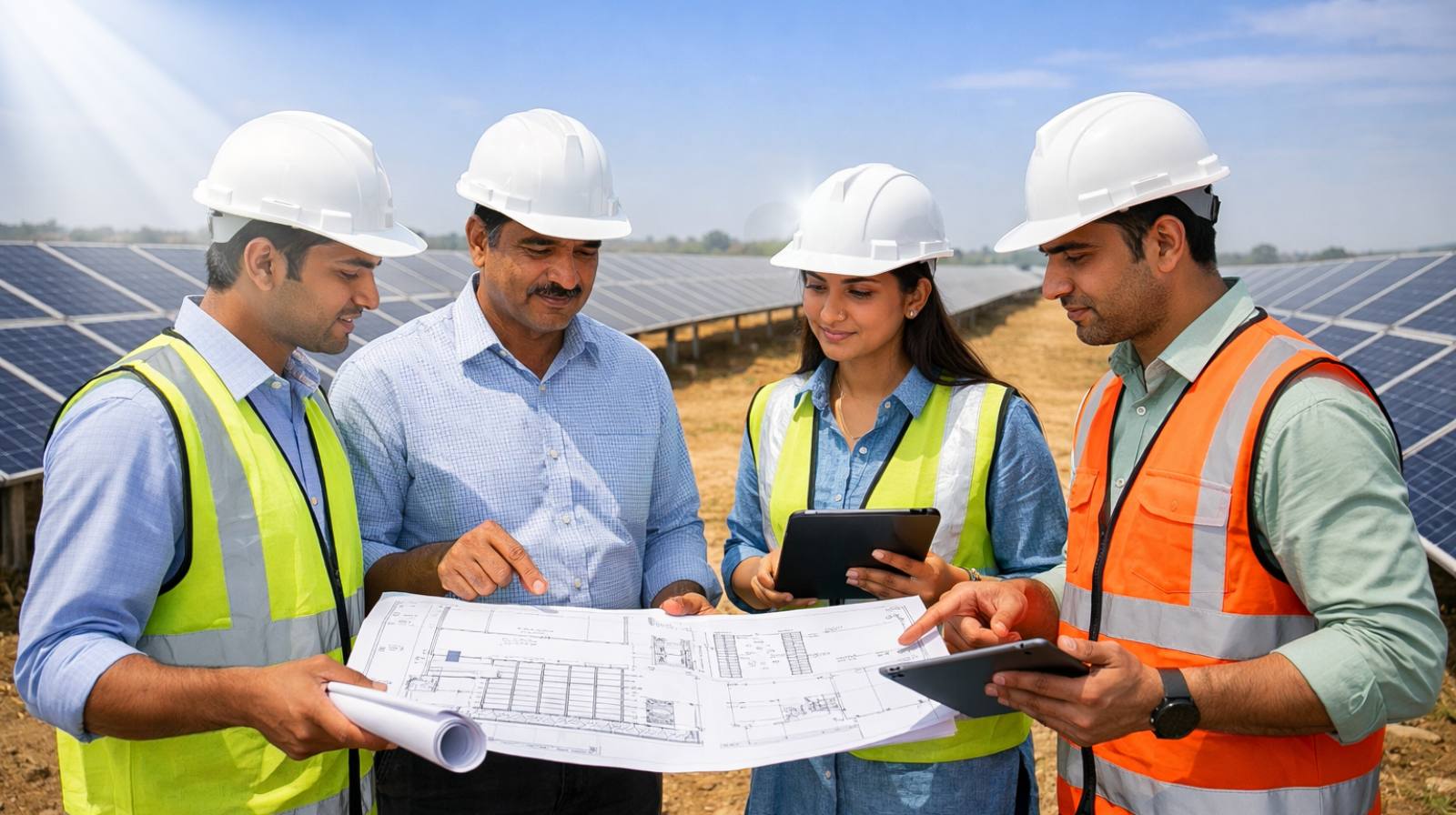 Indian solar EPC engineers reviewing ground-mount solar project designs at site in 2025
