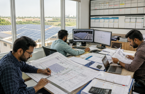 Indian solar EPC engineers managing multiple solar project designs, BOQs and engineering drawings in a busy engineering office.
