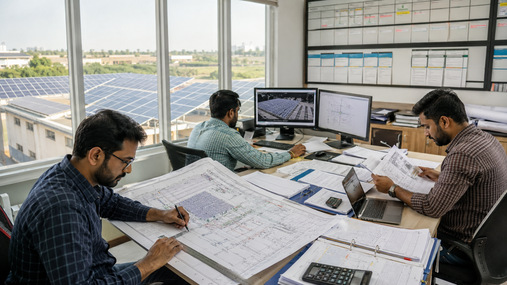 Indian solar EPC engineers managing multiple solar project designs, BOQs and engineering drawings in a busy engineering office.